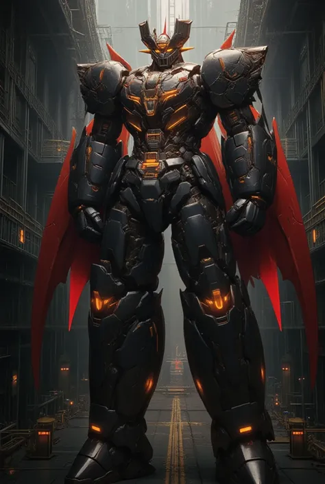  a very realistic giant version of Mazinger Z ,  Standing in a forward position at a height of 100 meters .  reactor equipment production line constructed with modern materials such as steel ,  Carbon Fiber ,  other industrial elements are also visible ,  ...