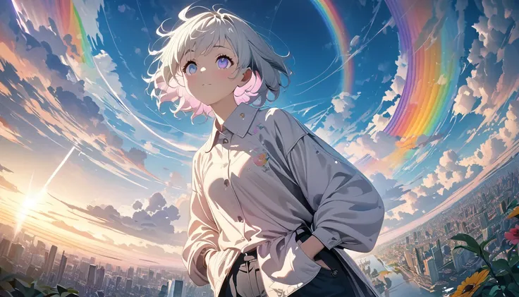 angelic, detailed woman, sunrise, rainbow, After the Rain, horizon, In the sky, city , Lens flare, colorful,coat, Put your hands in your pockets,(18-year-old, ＪＫ, Her short silver hair sways,) Look up at the sky, Beautiful sky, The scenery is beautiful., 広...