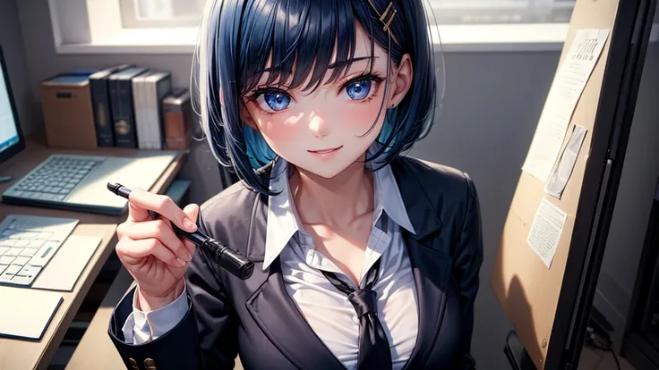 1girl, full body, office, microscope, writing, documents, sitting at the desk, display, computer, microscopic life, blue hair, short hair, large full breasts, dark blue eyes, ((black blazer)), ((white silk shirt)), black skirt, smile, hair clip, golden nec...