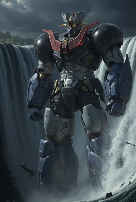 A very realistic version of the completely real Mazinger Z ,  is in a battle pose while leaning forward at 100 meters high　Attack from Niagara Falls　Remodeled to the great Mazinger Z, bad weather 　storm　thunder　爆風 acrobatic pose,  dynamic angle, Dangerous ...