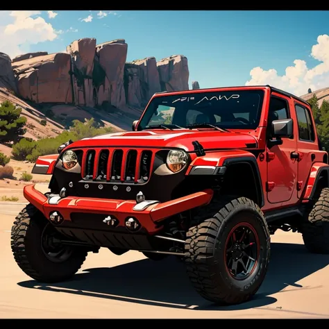 A close up side shot of a black Jeep Wrangler, parked on a road ,  jeep in the background , sketch, caricature
