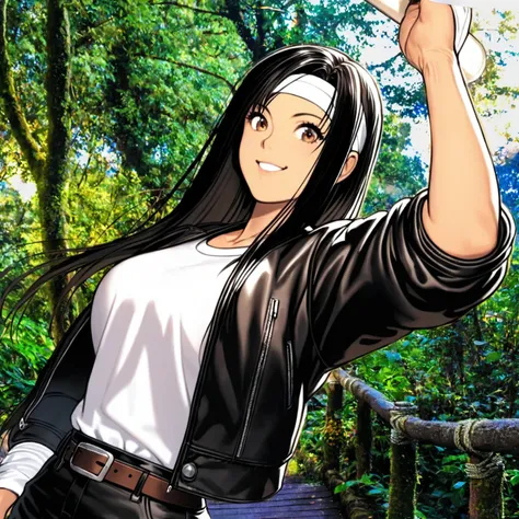 1girl, solo, long hair, breasts, looking at viewer, smile, shirt, black hair, holding, brown eyes, jacket, white shirt, outdoors, open clothes, day, belt, pants, open jacket, tree, black jacket, headband, black pants, denim, leather, leather jacket, white ...