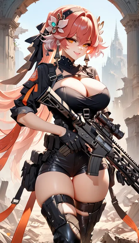 ultra-detailed, 1girl, changli(wuwa), ((masterpiece)), (best quality), (highres), 16K, perfect face, orange eyes, streaked hair, white hair, red hair, bangs, hair between eyes, hairband, wearing tactical clothes, wearing black thong, black gloves, tactical...