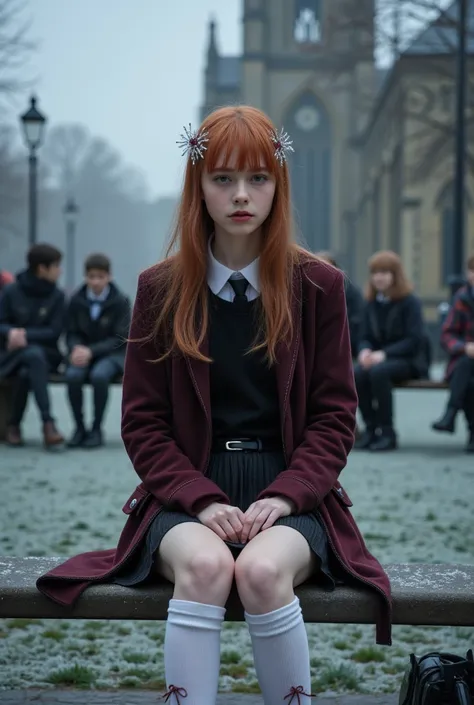 FULL BODY SHOT of a 14yo school girl, tall slim and slender stunningly beautifully attractive Young teen with an extremely pale and pretty face she has pretty and ear length Ginger straight hair with snowflake hairclips and long bangs and a long fringe, sh...