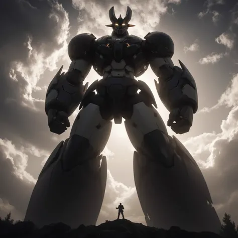  the huge Mazinger Z with its eyes shines and is full of power soars like a mountain,  it's an 800-meter-tall giant standing in a forward position . god々Shiny cumulonimbus clouds shine 　Thick arms　 thick legs　godか悪魔かわからない圧倒的迫力の巨大鋼鉄ロボットマジンガーZ　Black and silv...