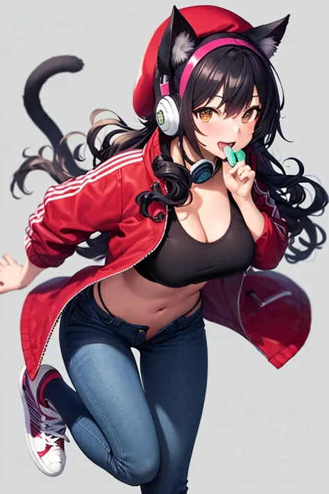 (( best quality )), ((masterpiece)), (  Details),  1 girl, Black Hair,  long hair, Curly Hair, Bedhead, Narrow eyes,  big size,Long breasts, Red jacket,  sports bra,  hat with cat ears ,  short jeans, Net Niso ,  sneakers,  I inflate gum with my mouth,  he...