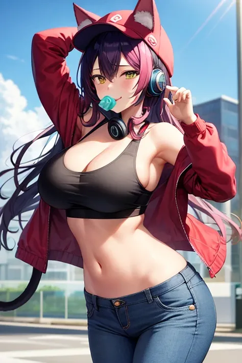 (( best quality )), ((masterpiece)), (  Details),  1 girl, pink hair and black hair,  long hair, Curly Hair, Bedhead, Narrow eyes,  big size,Long breasts, Red jacket,  sports bra,  hat with cat ears ,  short jeans,  sexyなニーソ,  sneakers,  I inflate gum with...