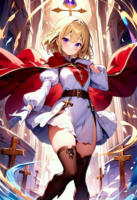 (masterpiece),(best quality),(ultra-detailed),(best illustration),(best shadow),(detailed background), 1girl, solo, blonde-hair, smile, thighhighs, purple-eyes, gloves, white-gloves, cape, dress, brown-footwear, side-slit, long-sleeves, short-hair, looking...