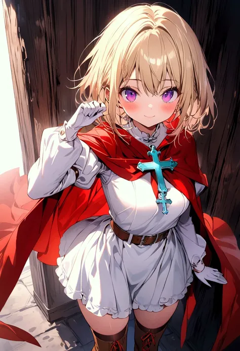 (masterpiece),(best quality),(ultra-detailed),(best illustration),(best shadow),(detailed background), 1girl, solo, blonde-hair, smile, thighhighs, purple-eyes, gloves, white-gloves, cape, dress, brown-footwear, side-slit, long-sleeves, short-hair, looking...