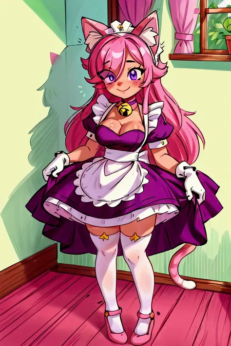 (Masterpiece, best quality), 1 girl, cat_ears, cat_tail, pink_hair, purple_eyes, long hair_over, maid_uniform, maid_headdress, dress, paw_gloves, cat_paws, white_legwear, neck_bell, bell, shoes, standing indoors with intricate details and sunlight, sexy po...