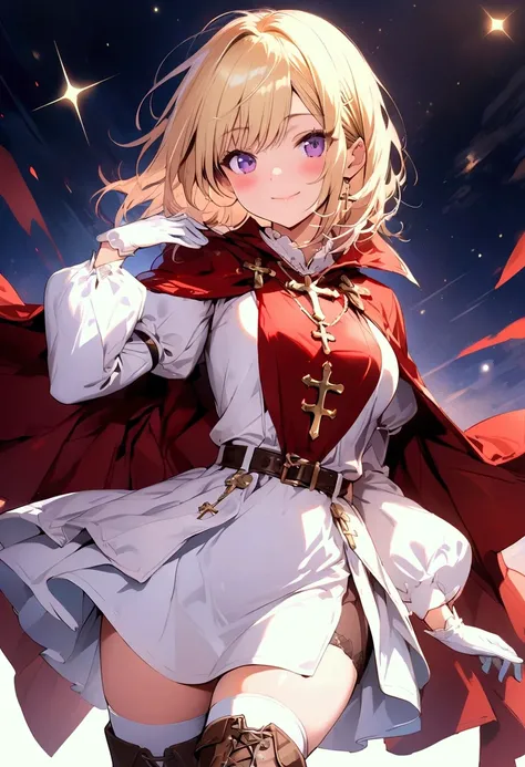 (masterpiece),(best quality),(ultra-detailed),(best illustration),(best shadow),(detailed background), 1girl, solo, blonde-hair, smile, thighhighs, purple-eyes, gloves, white-gloves, cape, dress, brown-footwear, side-slit, long-sleeves, short-hair, looking...