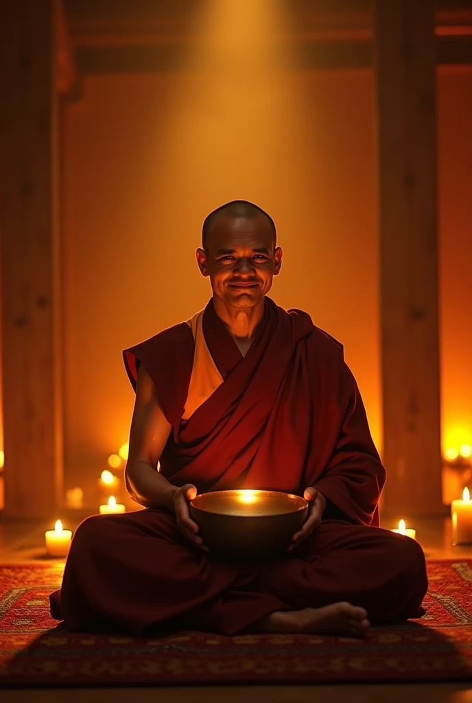 A 45-year-old Tibetan monk with a serene smile, seated cross-legged on a cushion in a warmly lit meditation room. The monk is playing a singing bowl with a matching plate, surrounded by a rich blend of orange and brown ambient lighting that fills the space...