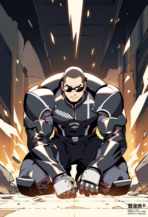  Arad man in yellow and black clothes kneeling in desolate ruins with his head in his hands,  muscular male hero , buzz cut, masculine heroic pose, Tall and corpulent, muscular!  Wears black sunglasses and sad expression , Stealth Suit,  Symmetrical patter...