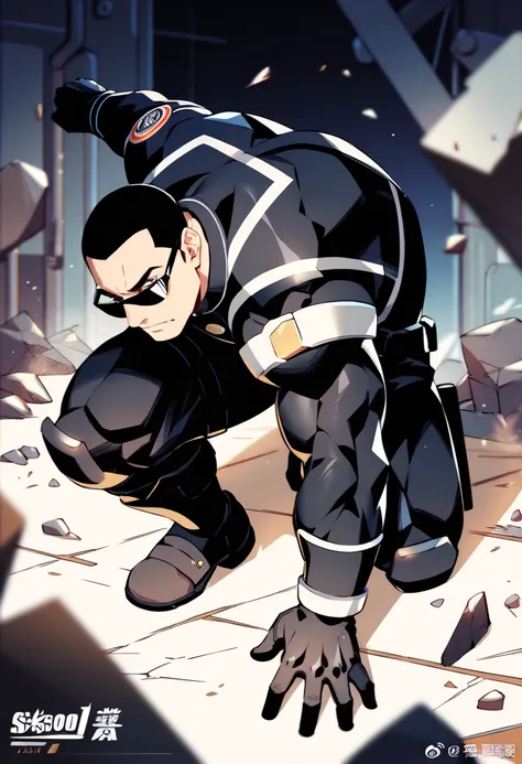  Arad man in yellow and black clothes kneeling in desolate ruins with his head in his hands,  muscular male hero , buzz cut, masculine heroic pose, Tall and corpulent, muscular!  Wears black sunglasses and sad expression , Stealth Suit,  Symmetrical patter...