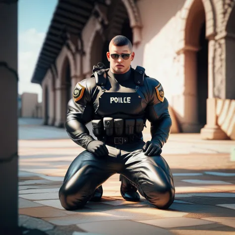  Arad man in yellow and black clothes kneeling in desolate ruins with his head in his hands,  muscular male hero , buzz cut, masculine heroic pose, Tall and corpulent, muscular!  Wears black sunglasses and sad expression , Stealth Suit,  Symmetrical patter...