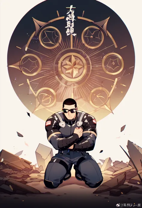  Arad man in yellow and black clothes kneeling in desolate ruins with his head in his hands,  muscular male hero , buzz cut, masculine heroic pose, Tall and corpulent, muscular!  Wears black sunglasses and sad expression , Stealth Suit,  Symmetrical patter...