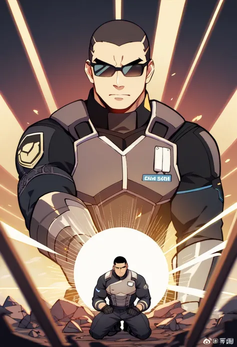  Arad man in yellow and black clothes kneeling in desolate ruins with his head in his hands,  muscular male hero , buzz cut, masculine heroic pose, Tall and corpulent, muscular!  Wears black sunglasses and sad expression , Stealth Suit,  Symmetrical patter...