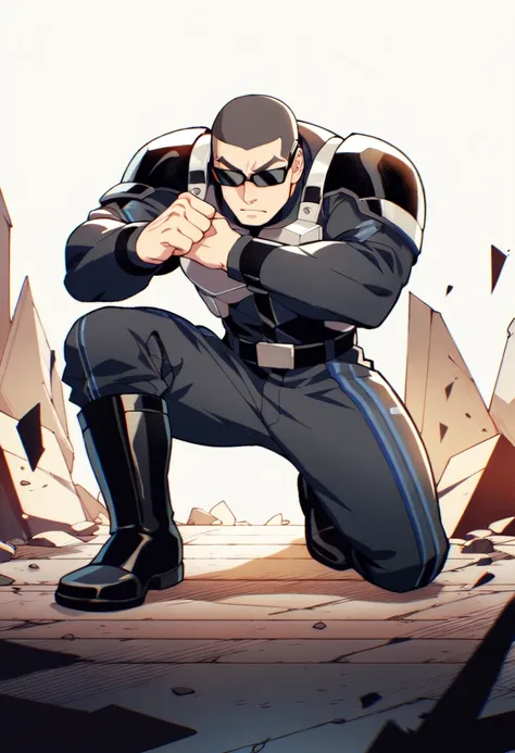  Arad man in yellow and black clothes kneeling in desolate ruins with his head in his hands,  muscular male hero , buzz cut, masculine heroic pose, Tall and corpulent, muscular!  Wears black sunglasses and sad expression , Stealth Suit,  Symmetrical patter...