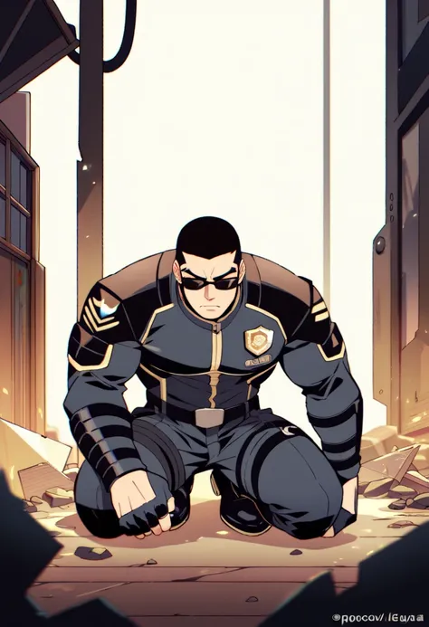  Arad man in yellow and black clothes kneeling in desolate ruins with his head in his hands,  muscular male hero , buzz cut, masculine heroic pose, Tall and corpulent, muscular!  Wears black sunglasses and sad expression , Stealth Suit,  Symmetrical patter...