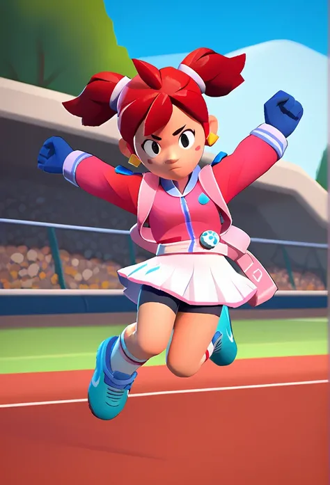 best quality, masterpiece, highres, detailed, digital artwork, short twintails, red hair, black eyes, blue gloves, pink hoodie, white skirt, shorts under skirt, ready to battle, jumping, white socks with a pink stripe, orange tennis shoes with white laces,...