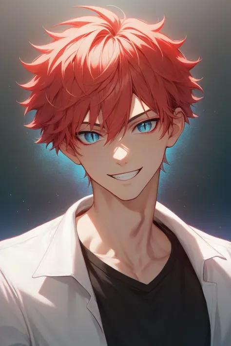 BEST QUALITY, ULTRA DETAILED, PERFECT ANATOMY, INTRICATE DETAILS, ALONE, 1 boy, 18 years old, medium hair, short hair, red hair, left blue eyes, right red eye with slit pupil, thin, long sleeved shirt and V-neck, black baggy pants, smiling mischievously, (...