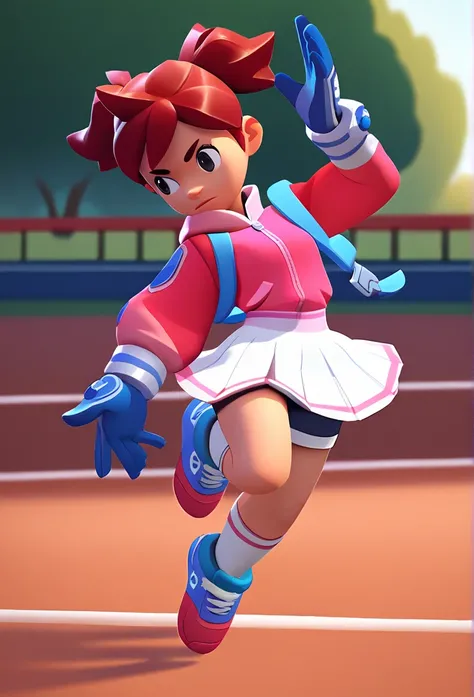 best quality, masterpiece, highres, detailed, digital artwork, short twintails, red hair, black eyes, blue gloves, pink hoodie, white skirt, shorts under skirt, ready to battle, jumping, white socks with a pink stripe, orange tennis shoes with white laces,...