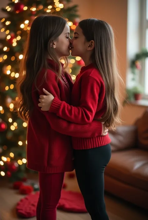 Young pre teens , baby face, small, brand new, linda, delicate, smiling, at home,  very long and straight hair , black and red leggings, Christmas mood ,  pantyhose  , Photo, realistic, real, kissing, se kissing s, two girls together, lesbians