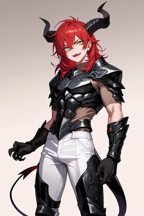 BEST QUALITY, ULTRA DETAILED, PERFECT ANATOMY, INTRIGUING DETAILS, MALE, ALONE, 1BOY , twisted horns, green eyes, slit pupil, toned, long demon tail, sharp nails, sharp fangs, medium hair, red hair, thin, white pants, tight brown shirt, black armor, confid...