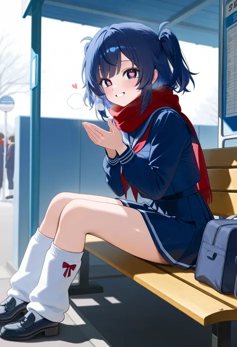 masterpiece,  best quality , 8k,  RAW photos , heart-shaped light in the eyes straddling a moped、 small breasts、 Two Side Up Hair 、 with bangs、 smiles、The girl is leaning against the station wall、 wearing a red scarf 、((Winter Dawn ))、bus stop、 sitting on ...