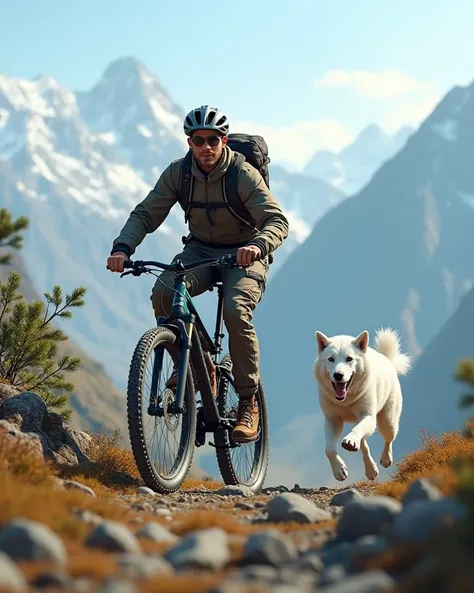  Man with mountain bike, see mountain ,  with white dog , daytime , 3D Rendering, 