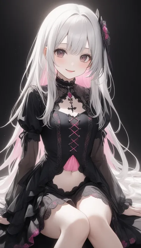  ONE CUTE -OLD GIRL ,Young Face、 slim figure、Thin legs、８Head to Body、((beautiful white hair))、( pink inner color)、((Cute long straight ))、((Neat and revealing gothic clothes))、 lens flare,Natural colors,  high resolution ,  very delicate ,  tall Highly det...