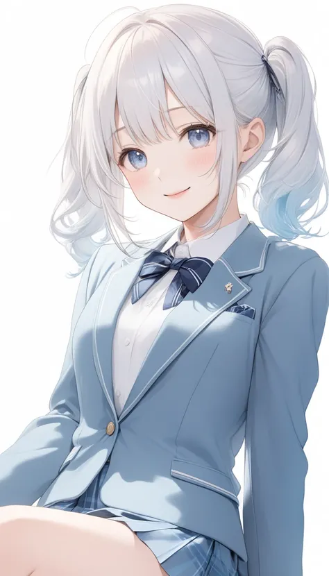  ONE CUTE -OLD GIRL ,Young Face、 slim figure、Thin legs、８Head to Body、((beautiful white hair))、( light blue inner color)、((A cute pigtail hairstyle that makes you feel young))、((Neat winter blazer in school uniform))、 lens flare,Natural colors,  high resolu...