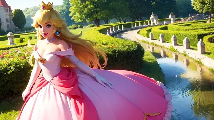 ( fair skin in the castle set ,)  x} Princess Peach in a beautiful hot pink dress is blown up by a strong wind,  pink lipstick ,  she wears a gold crown 、 smiling gently。,  she's blond and wears a gold crown 、 Wearing White Gloves .  She stands tall ,  pin...