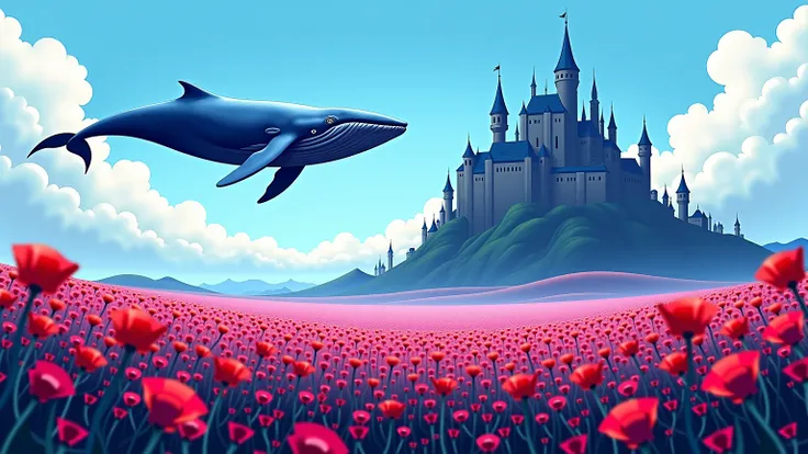 Opium poppy field. Flying blue whale. Evil castle in the back ground. Acrylic painting style. 