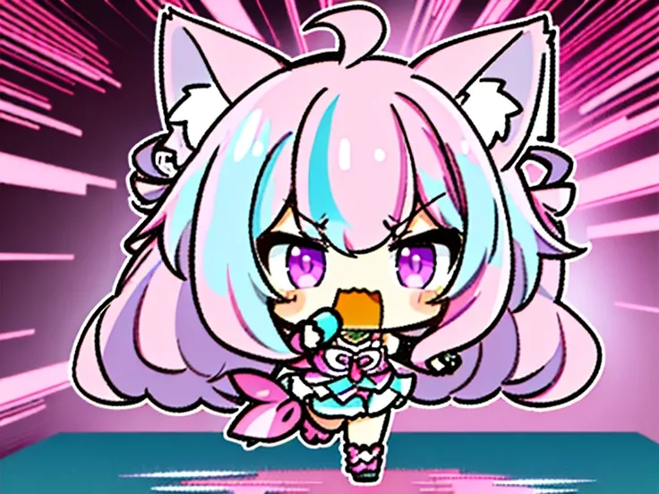  one girl ,Cat ears,( chibi:1.2),I'm angry , (((( pink and light blue))) (( streak hair)), Highlight Hair ,) ( one girl outside running),, ((( purple eyes))), cat ears , Full Body Lesbians