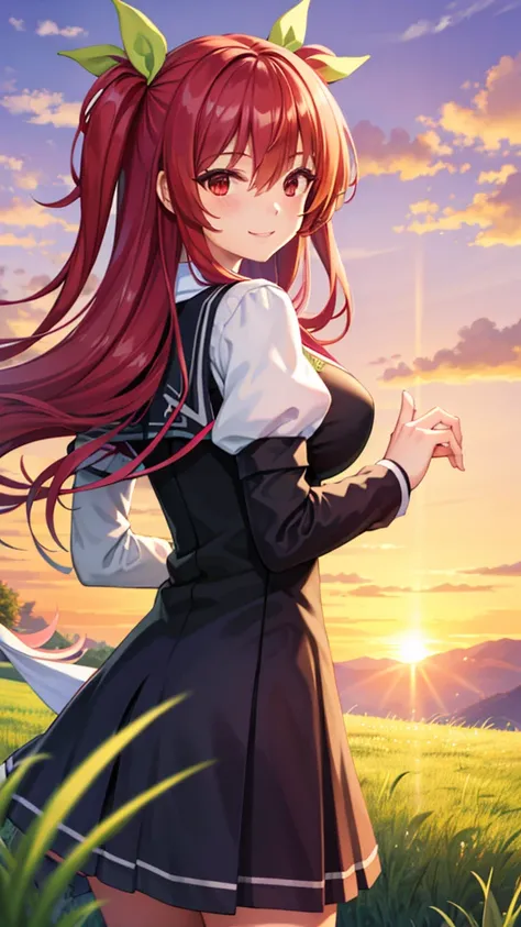 stella vermillion,school uniform, smile,masterpiece, best quality, highly detailed, (in grass hill with sunset behind),looking at viewer,large breasts,cosplayer,lookin back,