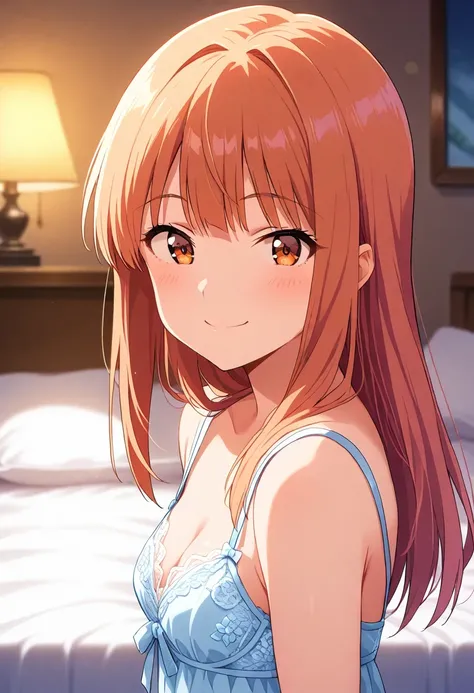  from the front　(whole body)　(胸を中心にwhole bodyを映す)　 Audience 　 One Girl　Age 19　smile　 long hair　 straight hair　Chestnut brown eyes　 and dye your cheeks　 winks　 slender　(light blue satin slip with lace)　Pink full back panties 　 detailed portrait of an anime ...