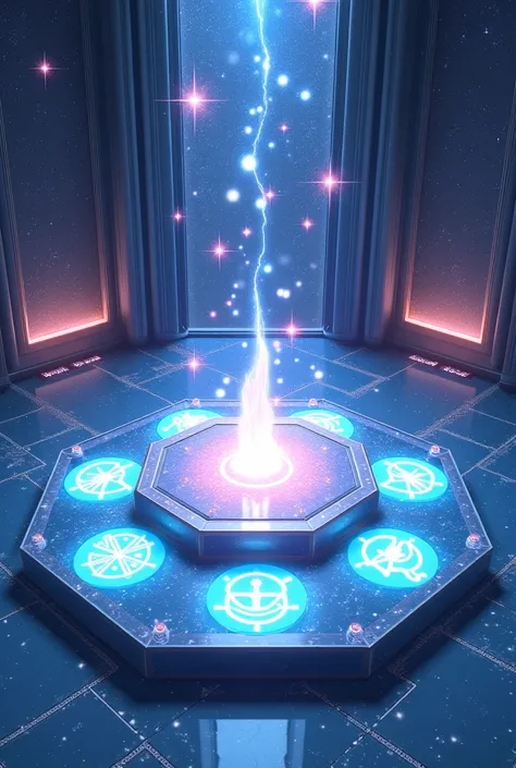  The Hall of Origin has a translucent marble floor that reflects the universe .  Stars and galaxies are visible everywhere ,  giving the impression of being in the cosmos . A hexagonal altar displays symbols representing the elements that Arceus governs wi...