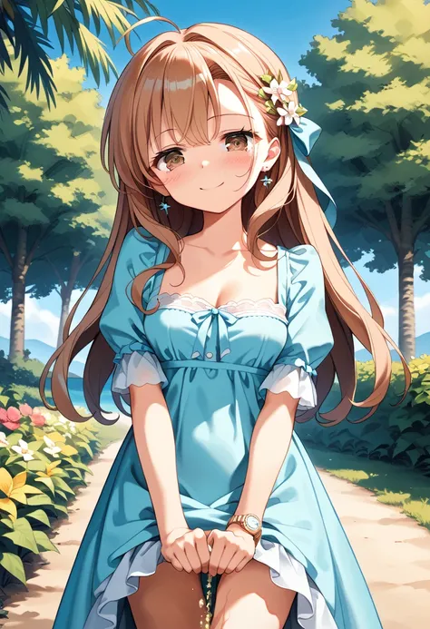  side angles　( shows the whole body around the chest )　 Audience 　 One Girl　Age 19　smile　 long hair　 straight hair　Chestnut brown eyes　 and dye your cheeks　(Anxious face,Anxious face)　 slender　 light blue dress　　 anime girl hiding and peeing　amazing　BEAUTI...