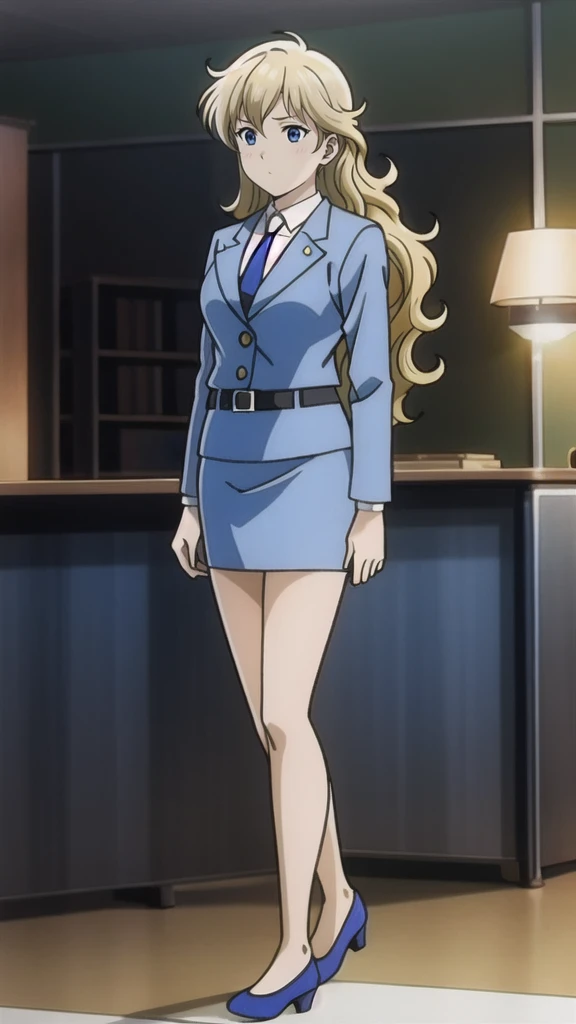 Blonde、 long hair、 wavy hair、bangs、悲しいface、 Blue Eyes 、 full body style that reflects your whole body、 normal breasts、 narrow waist 、Bare legs、 in a suit、 blue jacket , collared shirt 、 white shirt、 blue tie,belt, Blue Mini Pencil Skirt, black tights、White...