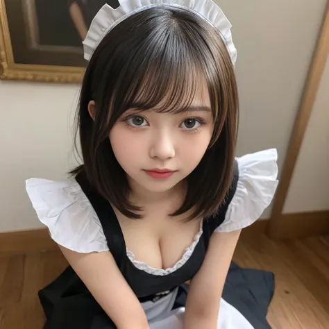 Masterpiece,  best quality ,  illustration,  Ultra Details,  Finely Details,  high resolution, 8k wallpaper,  perfect dynamic configuration ,   A beautiful eye in every detail , first round,  maid clothes,  frill mini skirt , (Black Hair 1.2),  short bob f...