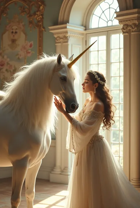 A renaissance style noble girl caressing a white unicorn with angel-wings in a rococo castle, very fantastic and romantic and spiritual view 洛可哥風格,  Divine Peak Light