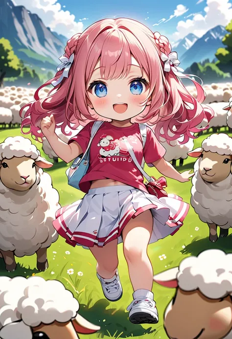 ( is a prairie in the background:1.5、lawn、 Distant Mountains 々:1.5、(Marching cheerfully towards the viewers with lots of sheep:1.5))、(( dynamic pose:1.5、 MOTION BLUR :1.5))、(( One Girl:1.5)、(( chibi、 chibiガール:1.5)))、Kindergarten student:1.5、 best quality 、...