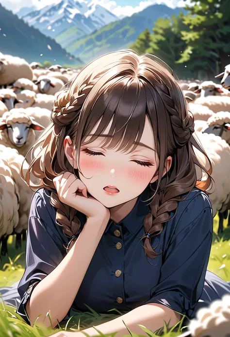 ( is a prairie in the background:1.5、lawn、 Distant Mountains 々:1.5、(Sleeping buried in a flock of sheep :1.5、Lying on the prairie :1.5、Cheek resting on hand:1.5))、(( dynamic pose:1.5、 MOTION BLUR :1.5))、(( One Girl:1.5)、((Girl:1.5)))、university student:1.5...