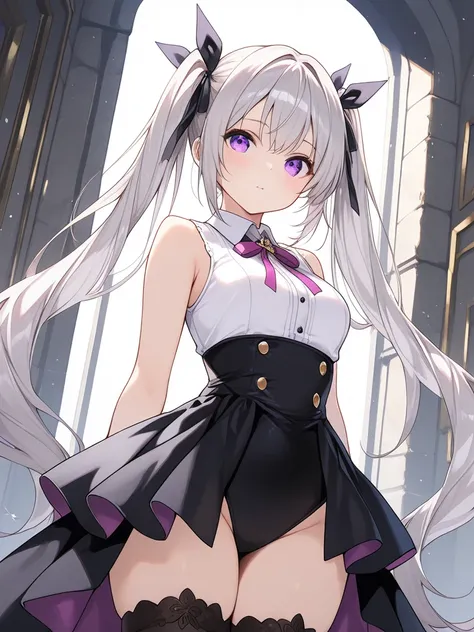 1girl, silver hair, very long hair, twintails, purple eyes, hair ribbon, white collared shirt, sleeveless, high-waist skirt, thighhighs, showgirl skirt,, cinematic angle,, (masterpiece, best quality, extremely detailed), perfect composition, simple backgro...