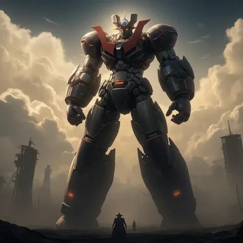  the huge Mazinger Z with its eyes shines and is full of power soars like a mountain,  it's an 800-meter-tall giant standing in a forward position . god々Shiny cumulonimbus clouds shine 　Thick arms　 thick legs　godか悪魔かわからない圧倒的迫力の巨大鋼鉄ロボットマジンガーZ　 natural light