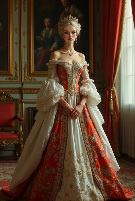 Draw this face with a 18th century royal family style dress in the Summer Palace of Russia