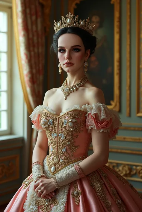 Draw this face with 20th royal family style dress in the Summer Palace of Russia