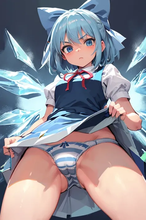 masterpiece, best quality, ultra detailed, ((gray striped panties, Cirno,)), (cowboy shot, crotch is close-up, ground-level, from below, mini skirt, from front),