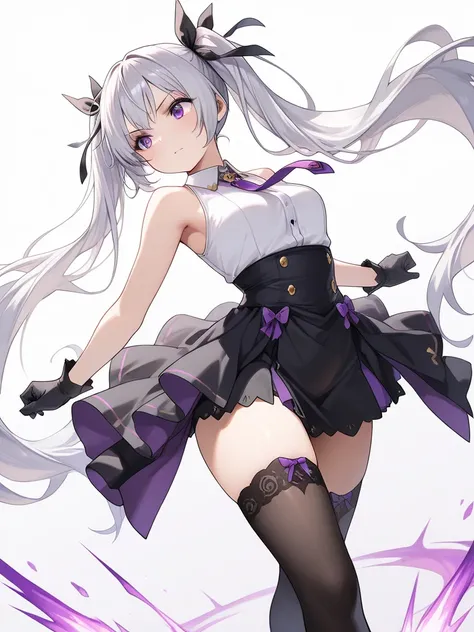 1girl, silver hair, very long hair, twintails, purple eyes, hair ribbon, white collared shirt, sleeveless, high-waist skirt, thighhighs, overskirt,, dynamic pose, cinematic angle,, (masterpiece, best quality, extremely detailed), perfect composition, simpl...